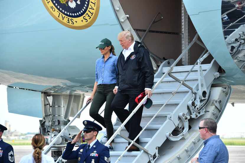 President Donald Trump and first lady Melania Trump arrive at  Ellington Field in Houston...