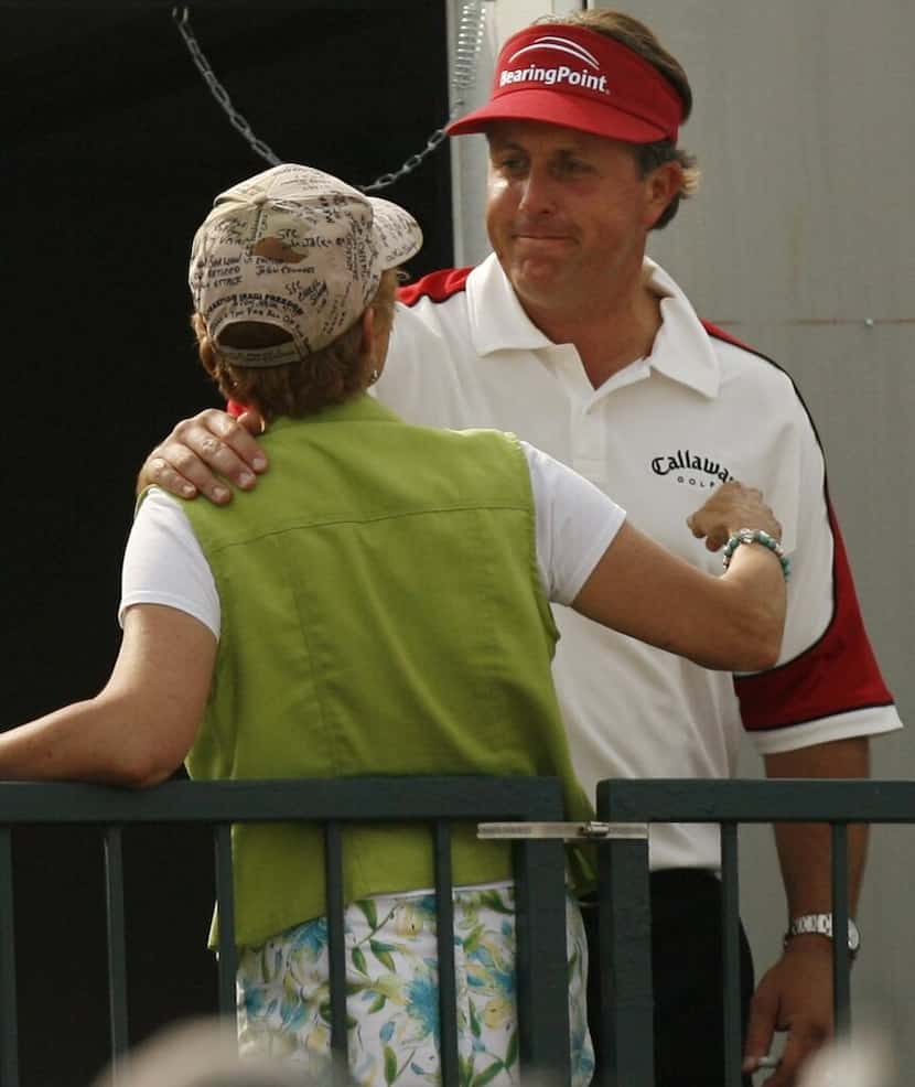 Peggy Nelson greeted Phil Mickelson after the final round of the 2007 EDS Byron Nelson...