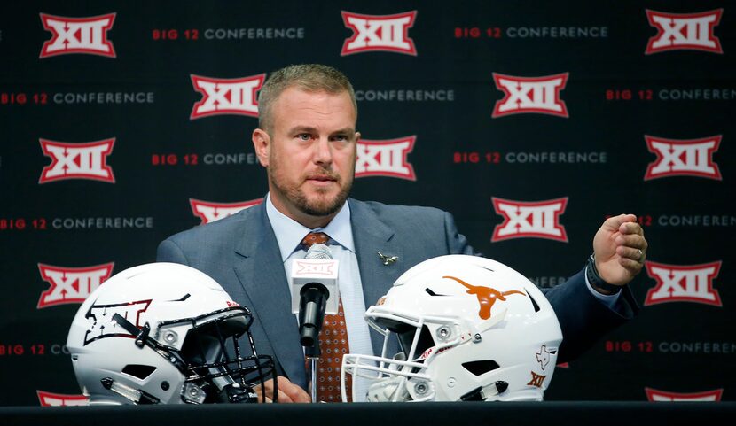 Texas head football coach Tom Herman speaks during Big 12 Media Days at Ford Center at The...