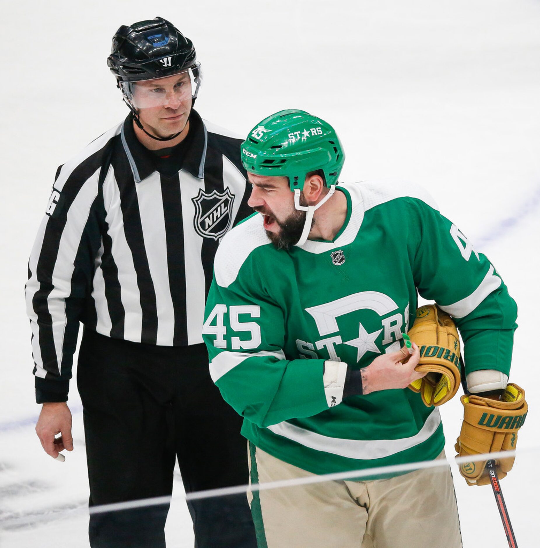 Dallas Stars defenseman Roman Polak (45) is sent to the penalty box during the first period...