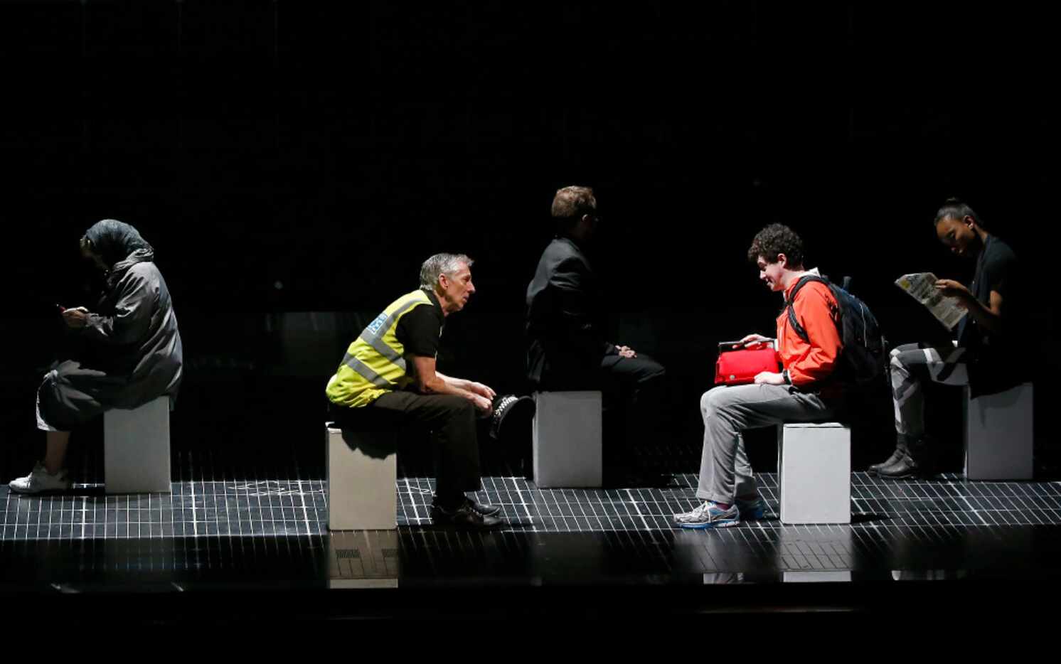 Adam Langdon (right), as Christopher Boone, and Geoffrey Wade, as Station Policeman, perform...
