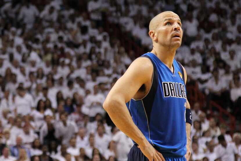 Jason Kidd of the Dallas Mavericks looks on  while taking on the Miami Heat in Game Two of...