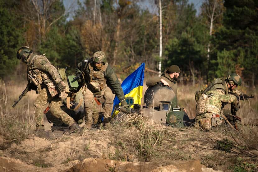 Soldiers with Ukraine's National Guard 1st Brigade hold combat training in northern Ukraine...
