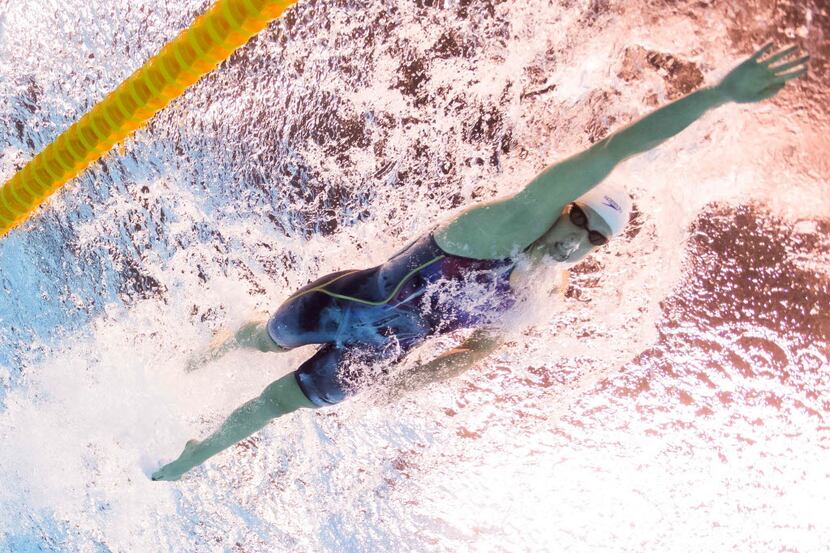 USA's Katie Ledecky competes in a Women's 200m Freestyle heat during the swimming event at...