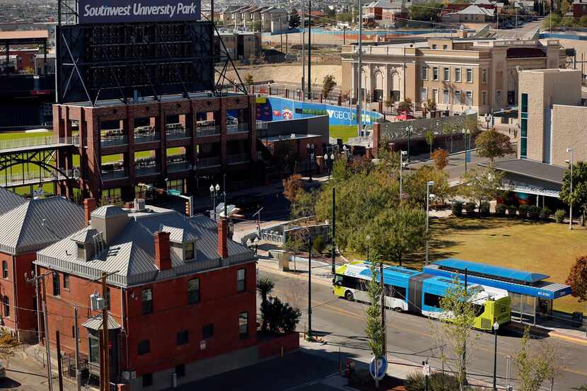 Sun Metro Brio mass transit bus runs in downtown El Paso, near Southwest University Park, on...