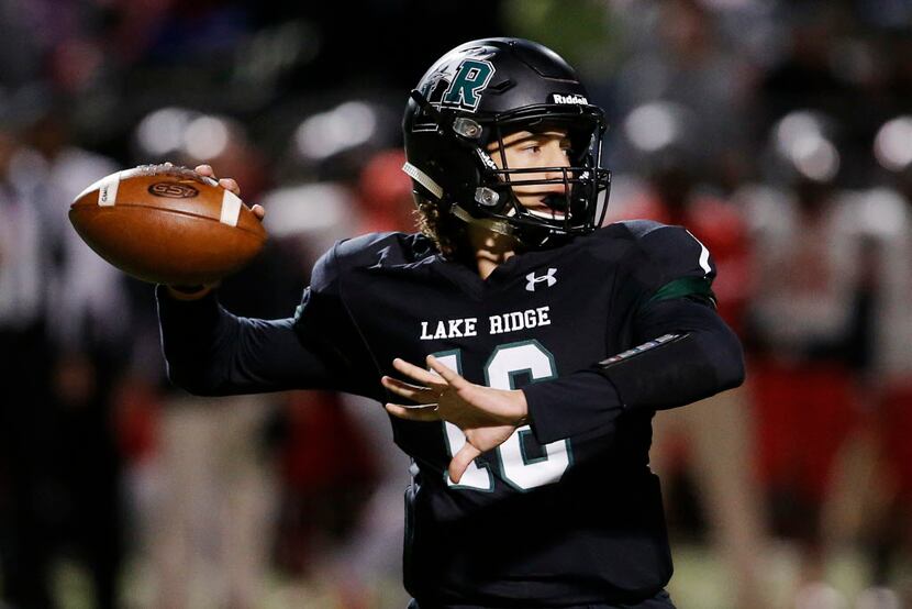 TXHSFB Mansfield Lake Ridge senior quarterback Jason Bean (16) looks to pass during the...