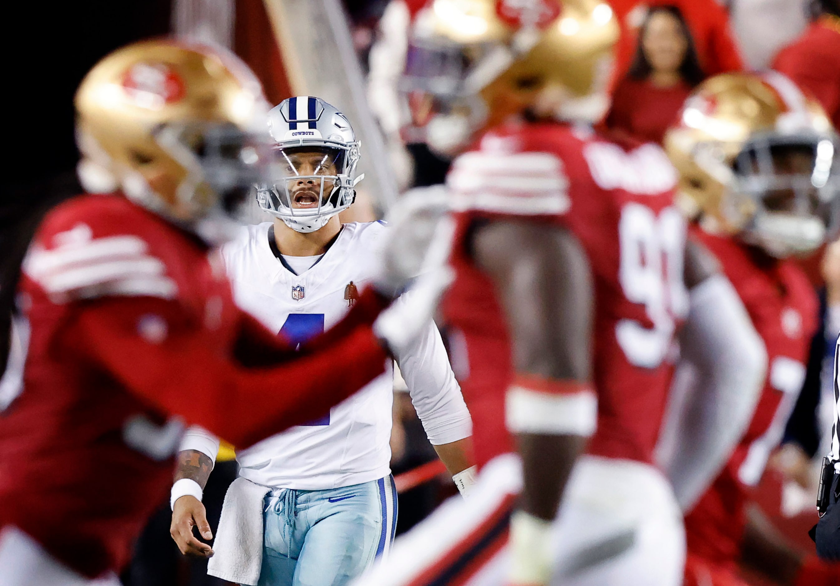 Dallas Cowboys quarterback Dak Prescott (4) reacts as the San Francisco 49ers celebrate...