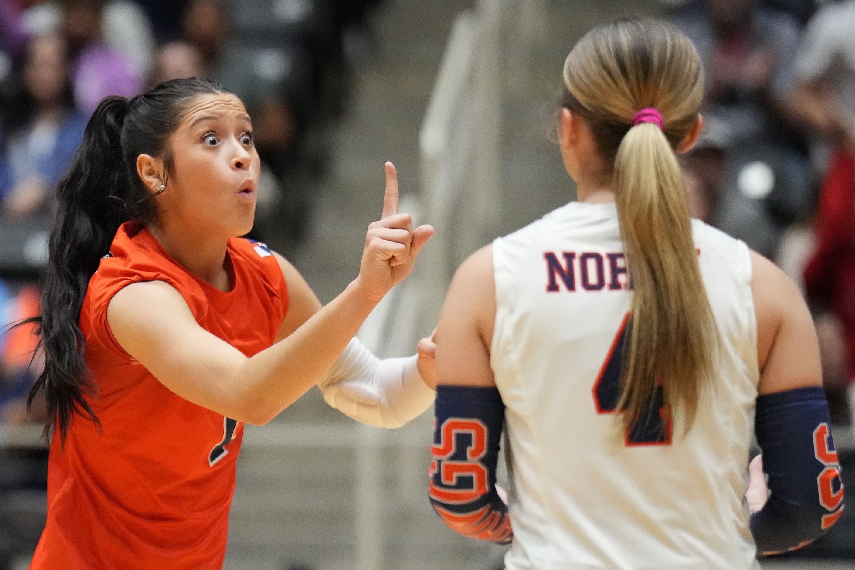 McKinney North's Gabi Rodriguez holds up one finger before set point in the first set of the...