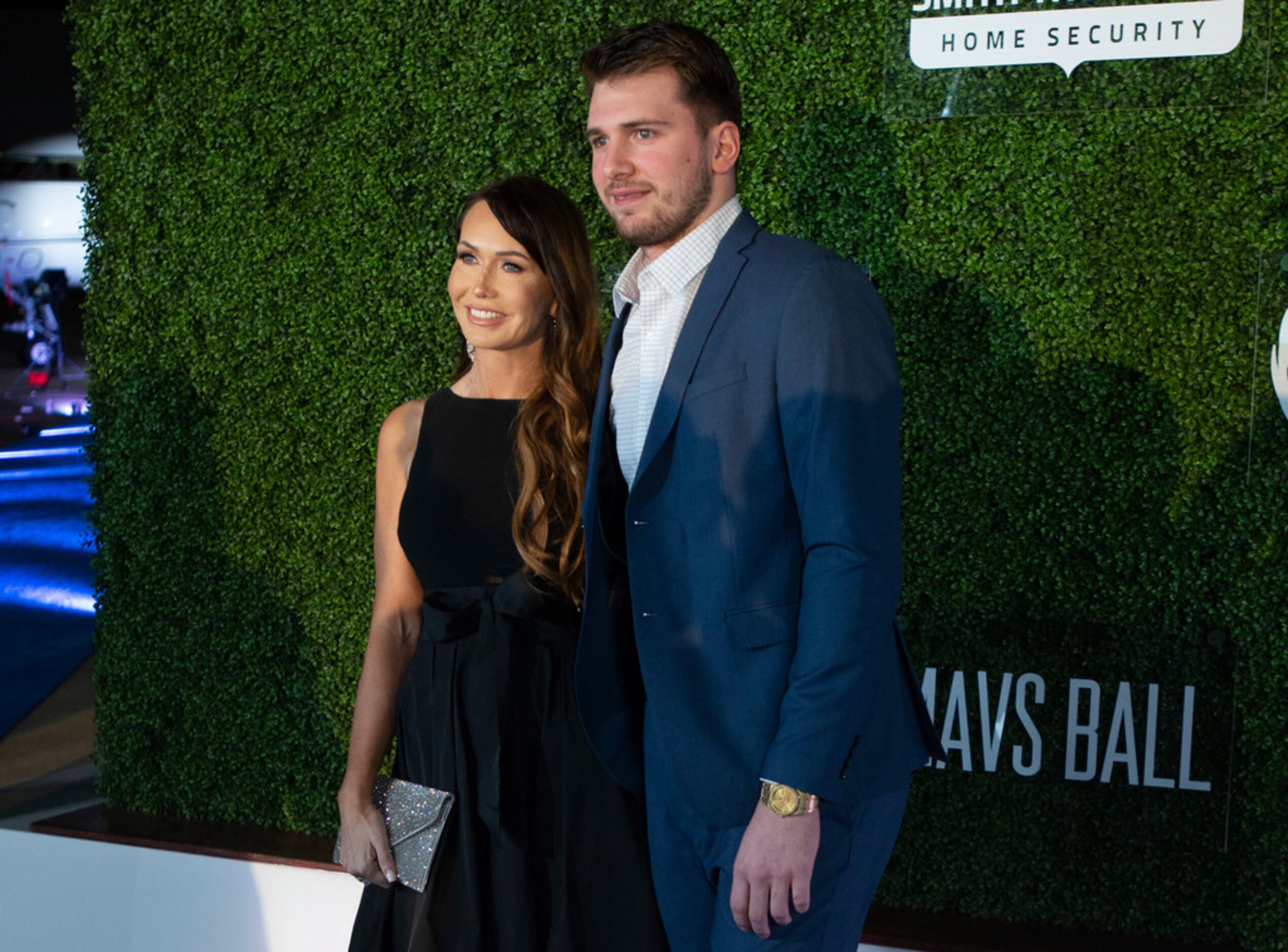 Mavs player Luka Doncic with friend on the blue carpet prior to the Mavs Ball Million Air in...