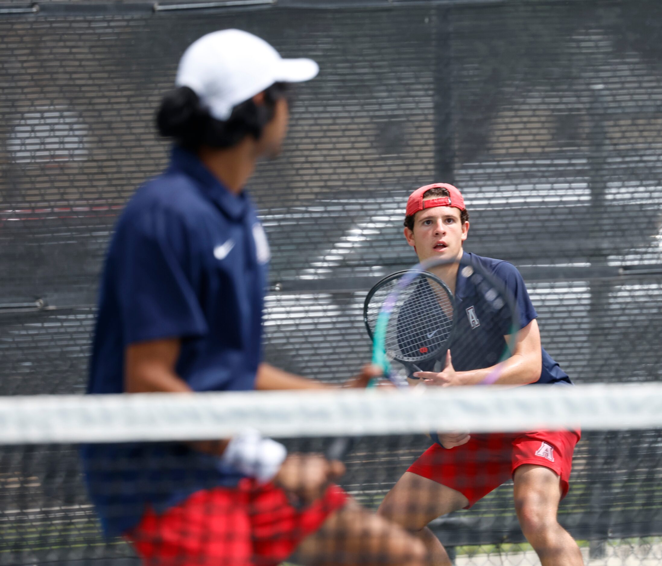 In Class 6A boys doubles Allen’s Tejas Ram waits as  Noah Hakim prepares to make a return...