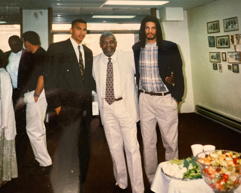 New Mavericks general manager Nico Harrison (left) pictured with his father Steve Harrison...