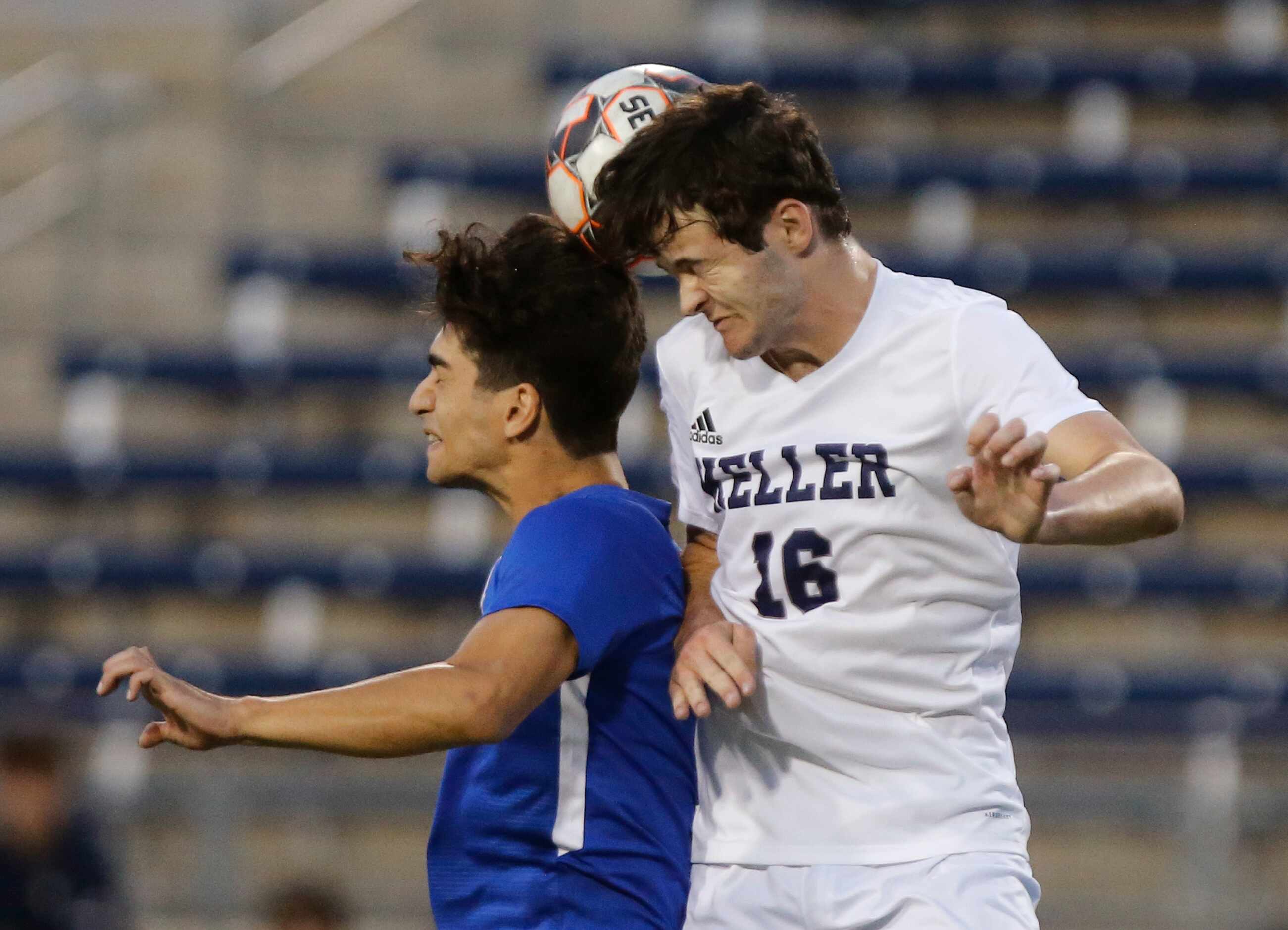 Allen forward Emon Ghiasi (7) competes for a header with Keller defender Ian Wiechers (16)...