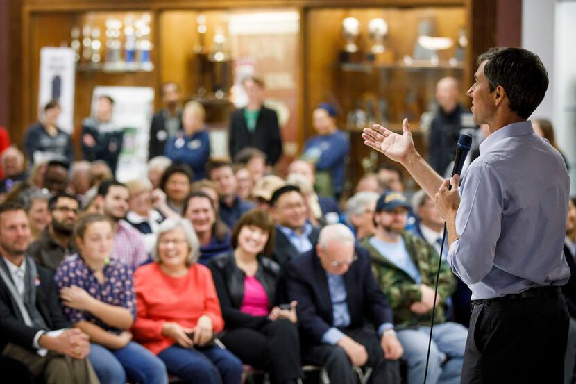 U.S. Representative Beto O'Rourke (D-El Paso) addresses a town hall at Plano High School on...