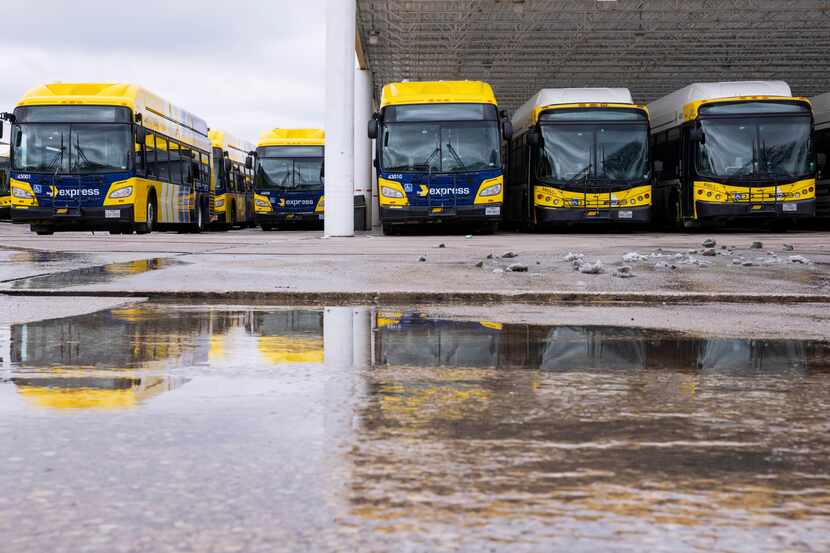 Buses at DART’s East Dallas Bus Facility on Friday, Feb. 4, 2022. DART shut down bus service...