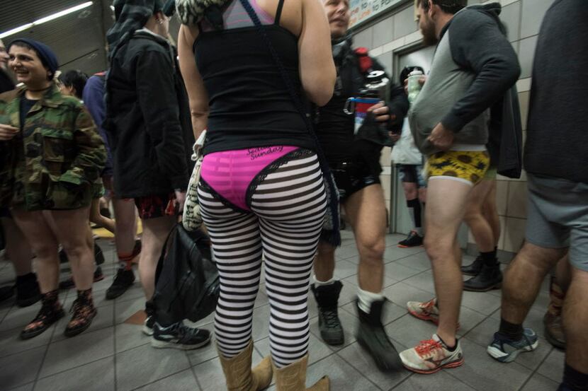 Dart riders gather in the Cityplace/Uptown station in their underwear during the No Pants...
