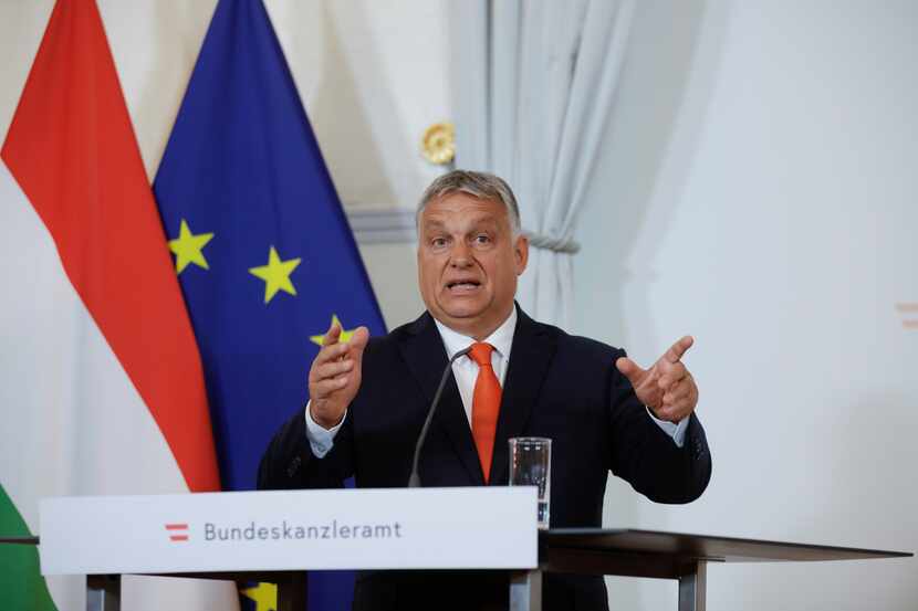 Hungarian Prime Minister Viktor Orban addressed the media during a joint press conference...