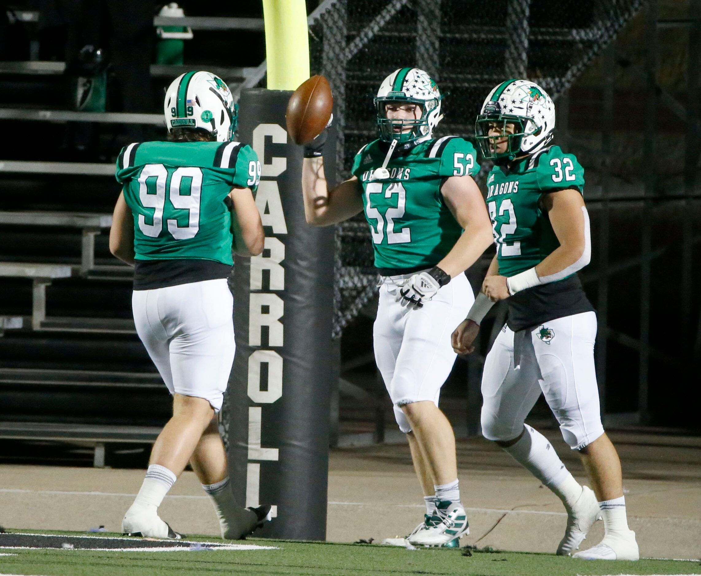 Soutlake defensive lineman Cade Parks (52) celebrates a fumble recovery for a touchdown...