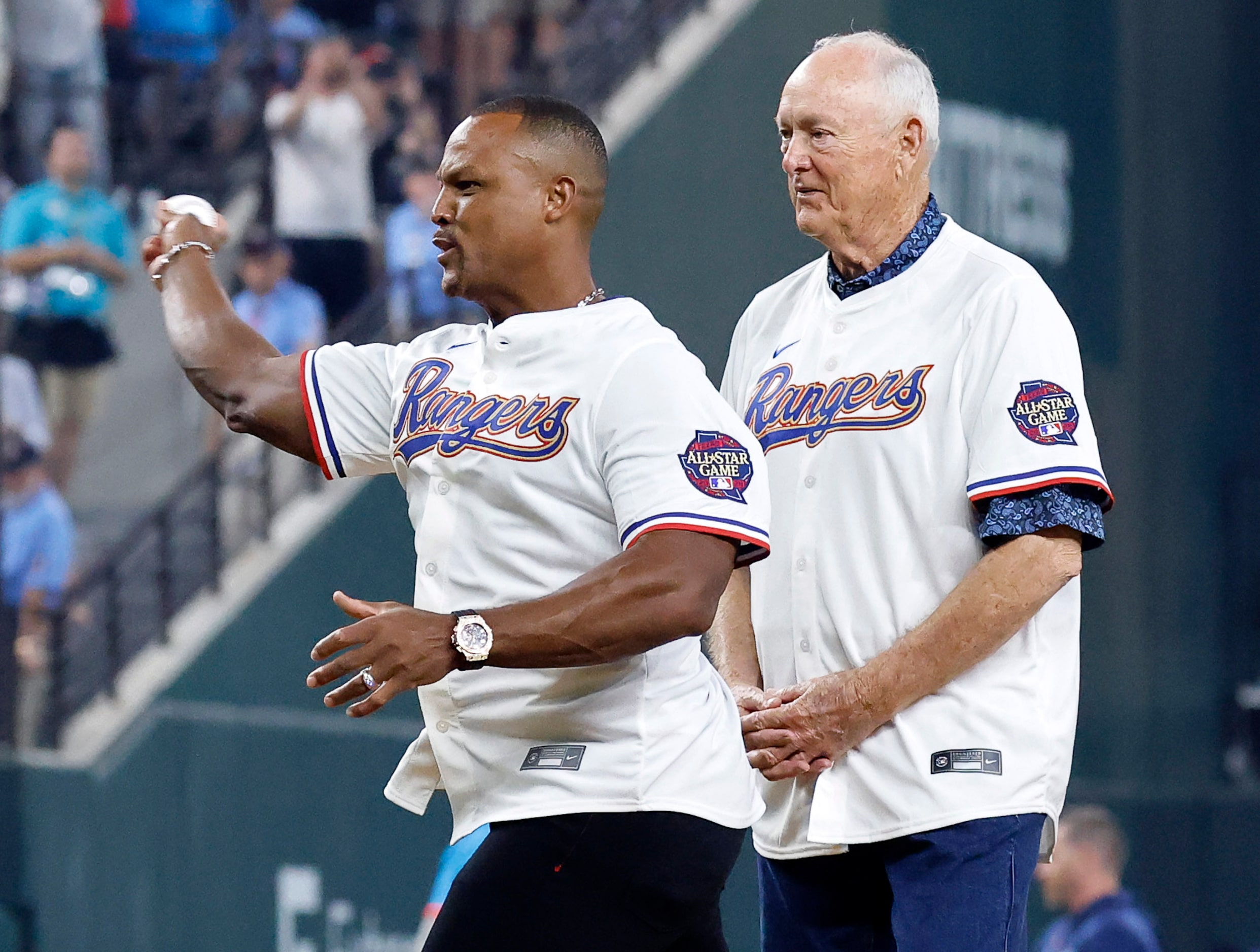 Texas Rangers Baseball Hall of Famer Adrian Beltre throws out the ceremonial first pitch...