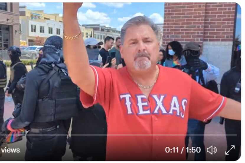 In this video still, protesters and patrons clash outside a drag brunch show in Roanoke, Texas.