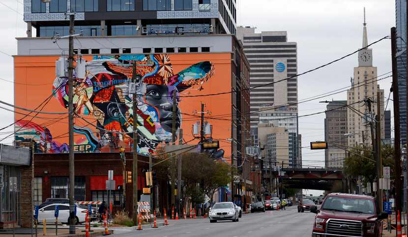 An 8,500-square-foot mural by artist Tristan Eaton is painted on The Stack building on...
