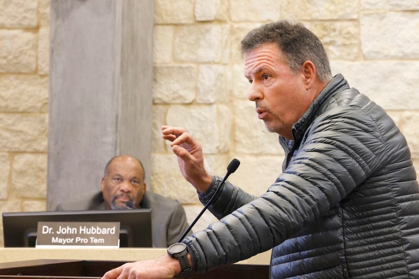 Fairview resident Rick Dunham speaks during a town council meeting at Fairview Town Hall,...