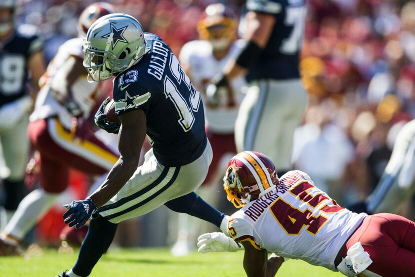 Dallas Cowboys wide receiver Michael Gallup (13) outruns Washington Redskins cornerback...