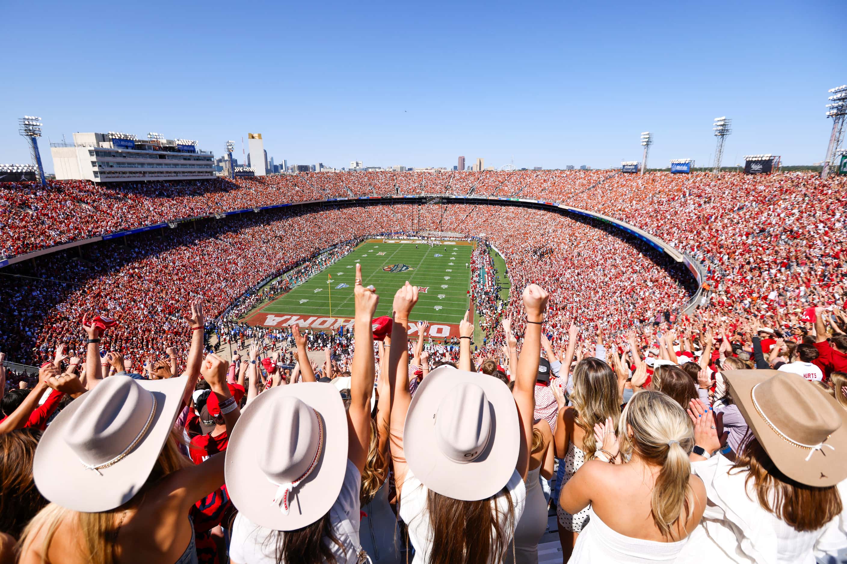 Crowd cheer after a Okloha touchdown against Texas during the Red River Showdown at the...