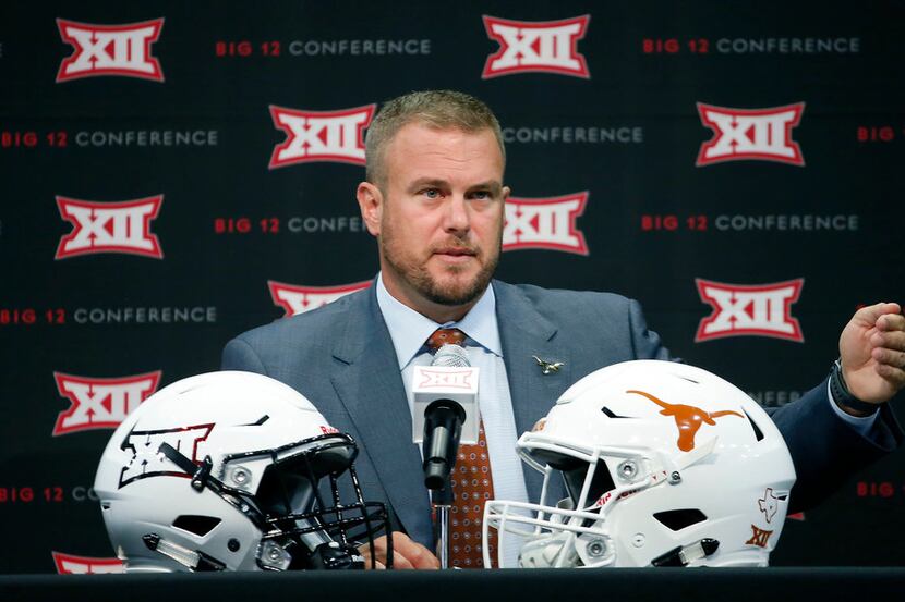 Texas head football coach Tom Herman speaks during Big 12 Media Days at Ford Center at The...