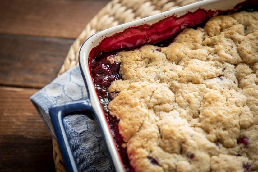 A pan of Black and Blue Cornmeal Cobbler 