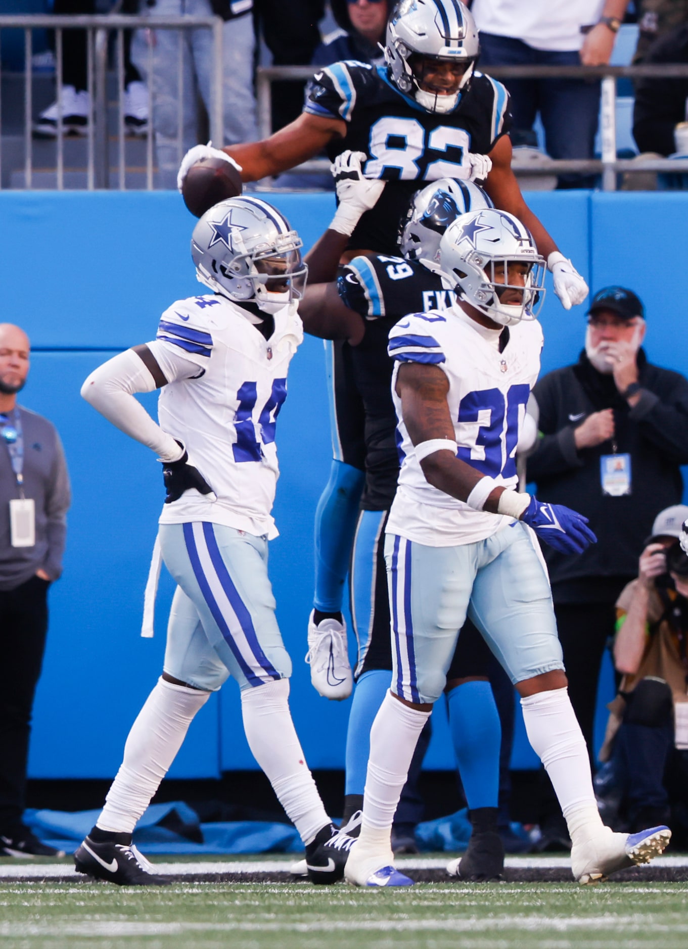 Dallas Cowboys safety Markquese Bell (14) and Dallas Cowboys safety Juanyeh Thomas (30) walk...