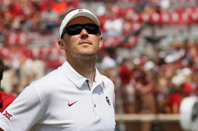 In this Saturday, Sept. 2, 2017, photo, Oklahoma head coach Lincoln Riley looks out at the...
