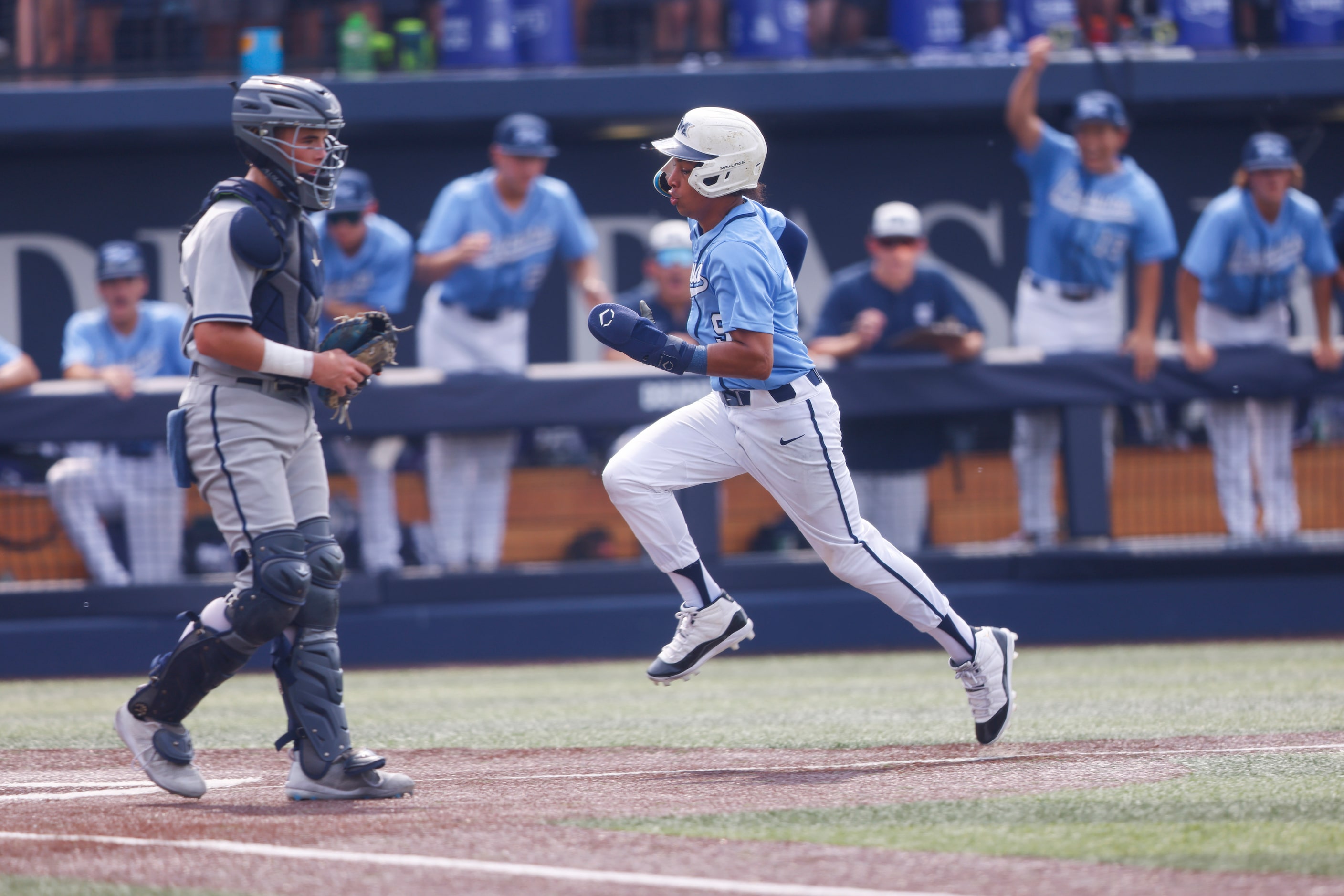 Flower Mound’s Cooper Skinner (9) runs to home during Game 3 of a best-of-3 Class 6A Region...