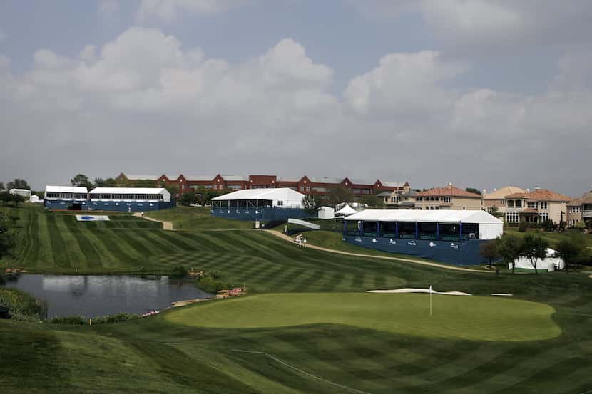Grandstands frame the 17th hole of the TPC Four Seasons at Las Colinas hotel course ahead of...