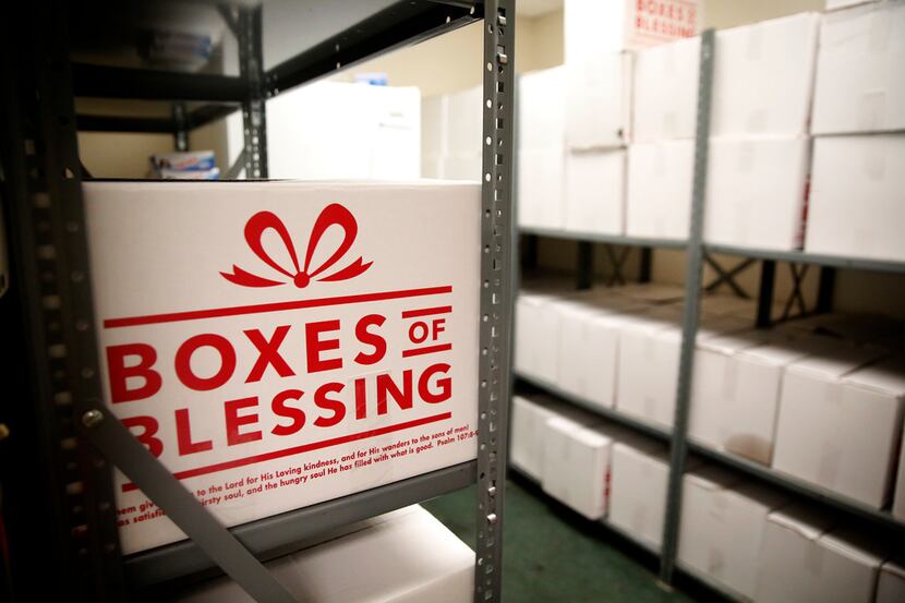 Boxes filled with nonperishable items at The Salvation Army in Dallas on Jan. 25, 2019. The...