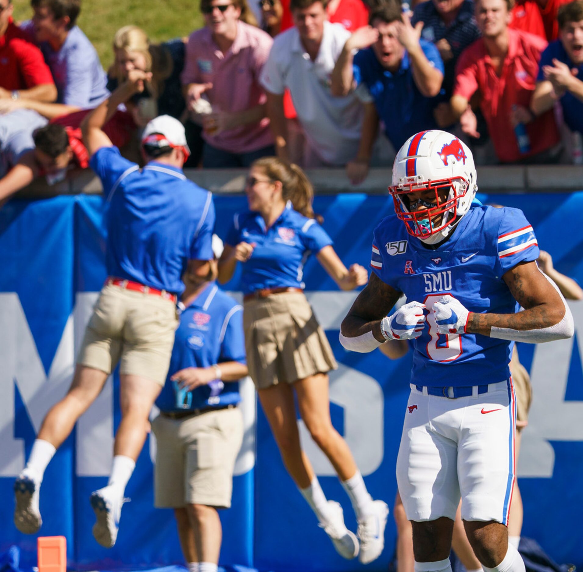 SMU wide receiver Reggie Roberson Jr. (8) celebrates after scoring on a 33-yard touchdown...