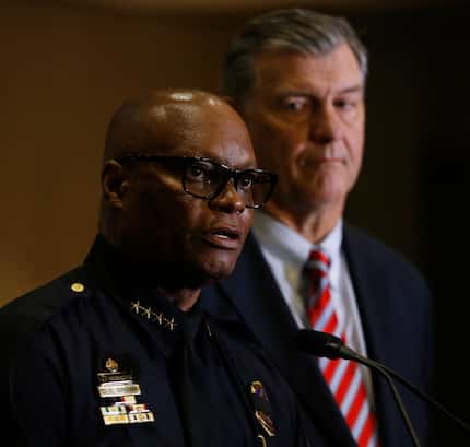 Dallas Police Chief David Brown (left) and Mayor Mike Rawlings spoke at a City Hall news...