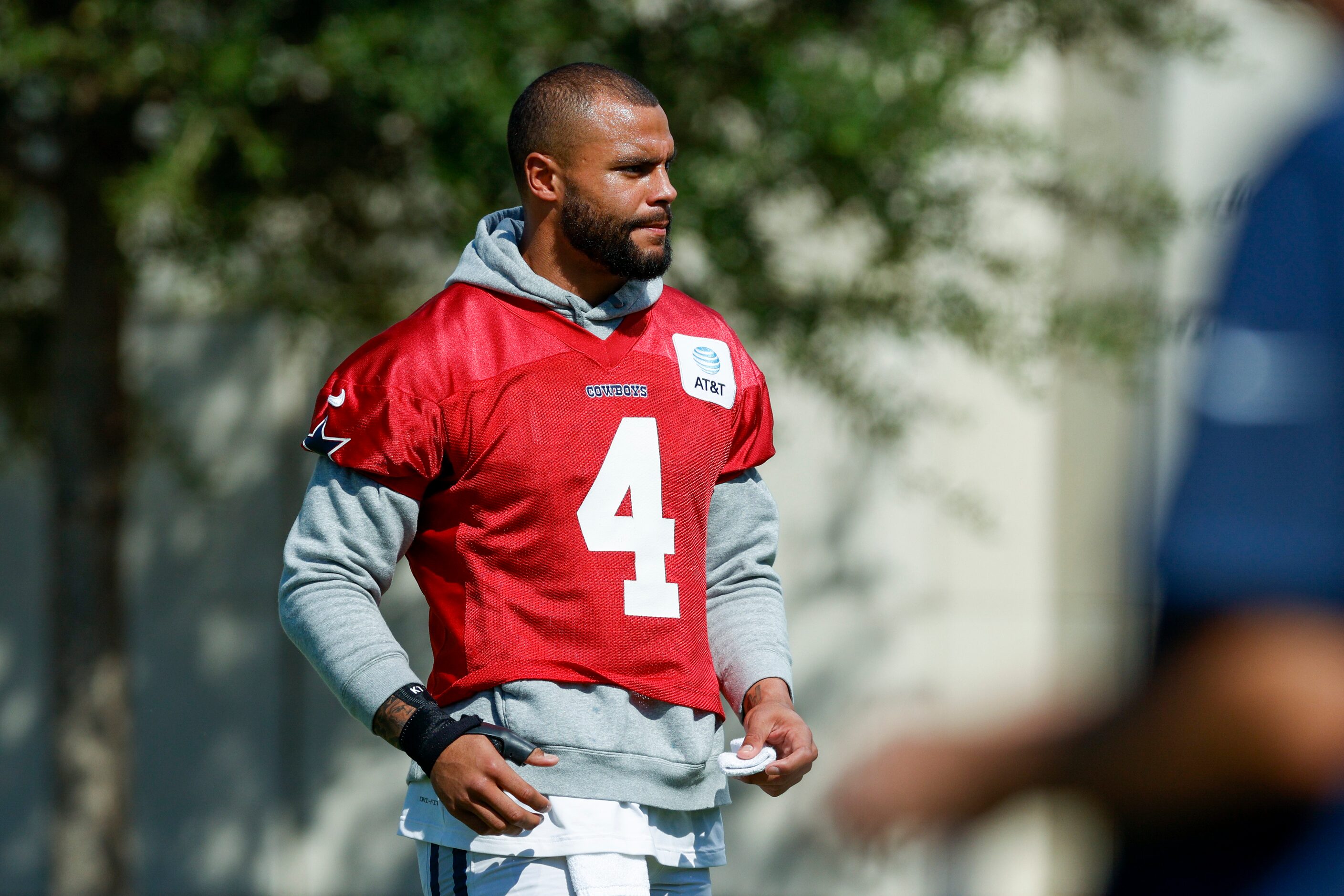 Dallas Cowboys quarterback Dak Prescott (4) gets ready during a practice at The Star,...