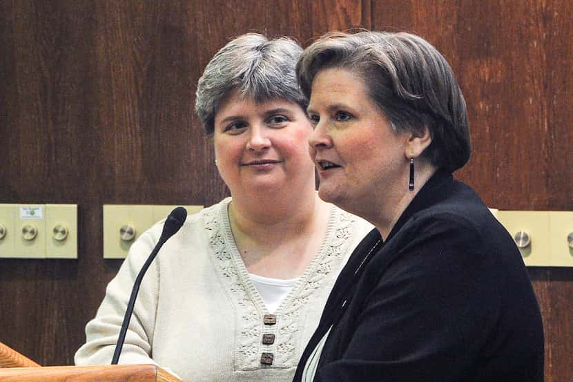 In this Oct. 10, 2013 photo, Sharon Baldwin, left, and Mary Bishop speak at East Central...