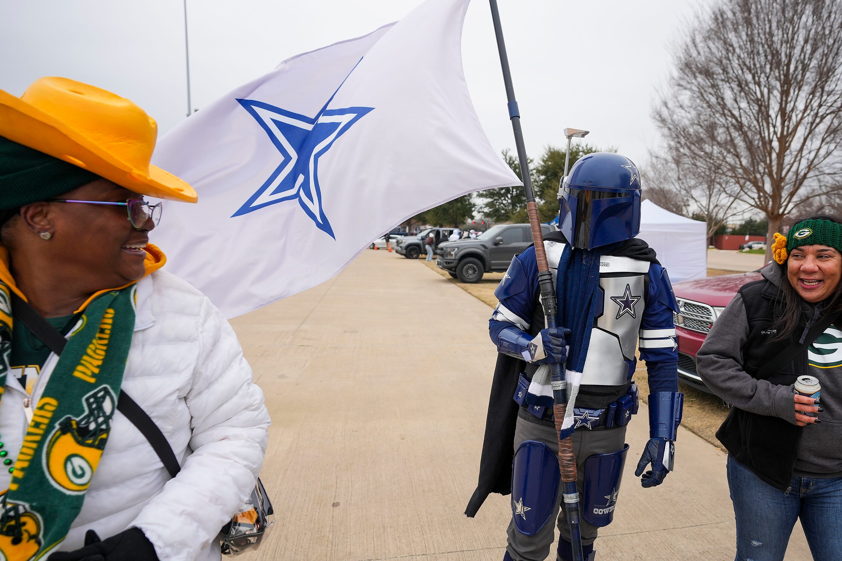 Dallas Cowboys fan Paul Nelson of Albuquerque, NM, dresses as the The Mandalorian as he...