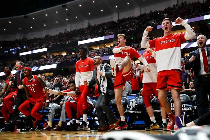 Texas Tech celebrates after the team scored against Gonzaga during the second half of the...