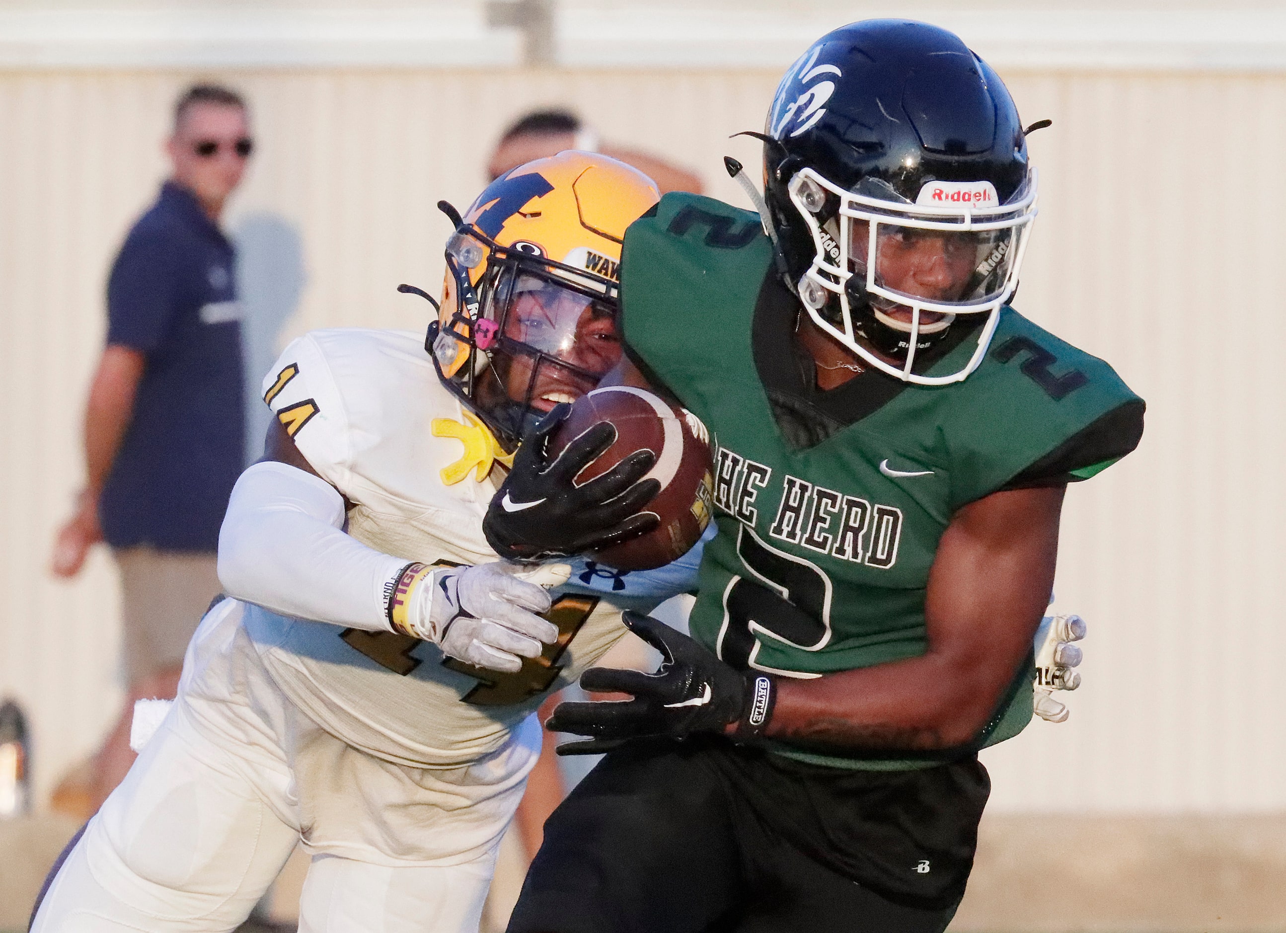 Berkner High School defensive back Kavion Grady (2) recovers a fumble in the end zone and is...