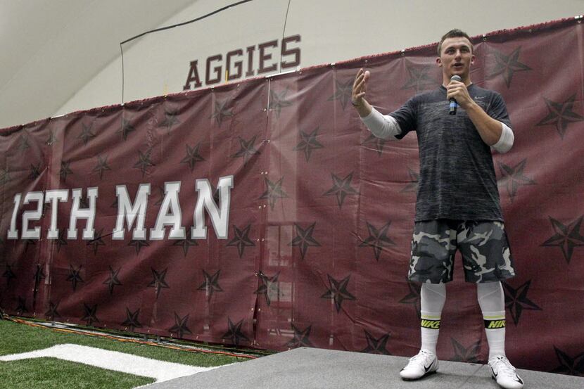 Former Texas A&M QB Johnny Manziel talks to the media after he worked out for NFL teams on...