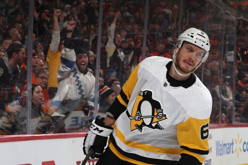 PHILADELPHIA, PA - JANUARY 02: Jamie Oleksiak #6 of the Pittsburgh Penguins celebrates his...