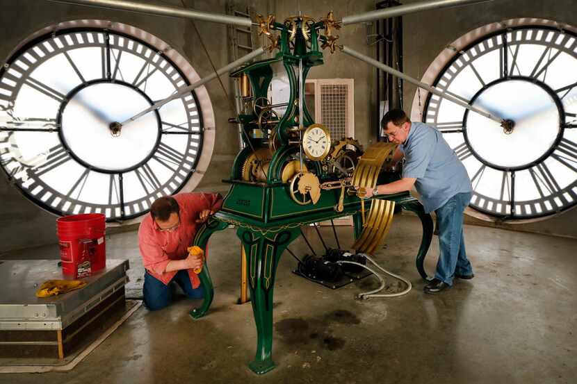 Workers who travel from New York to Dallas twice a year to maintain and adjust the tower...