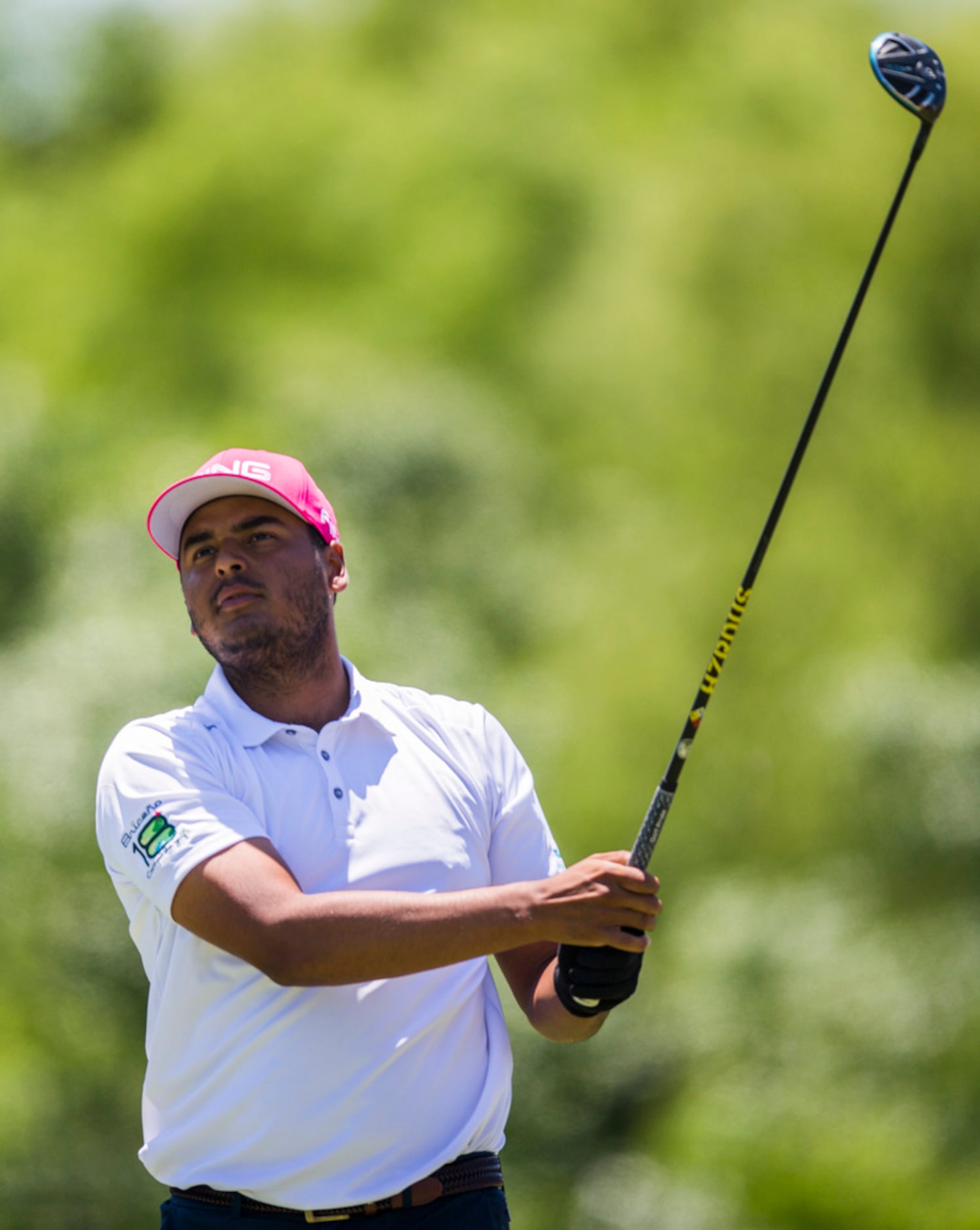 Sebastian Munoz tees off a hole 4 during round 4 of the AT&T Byron Nelson golf tournament on...