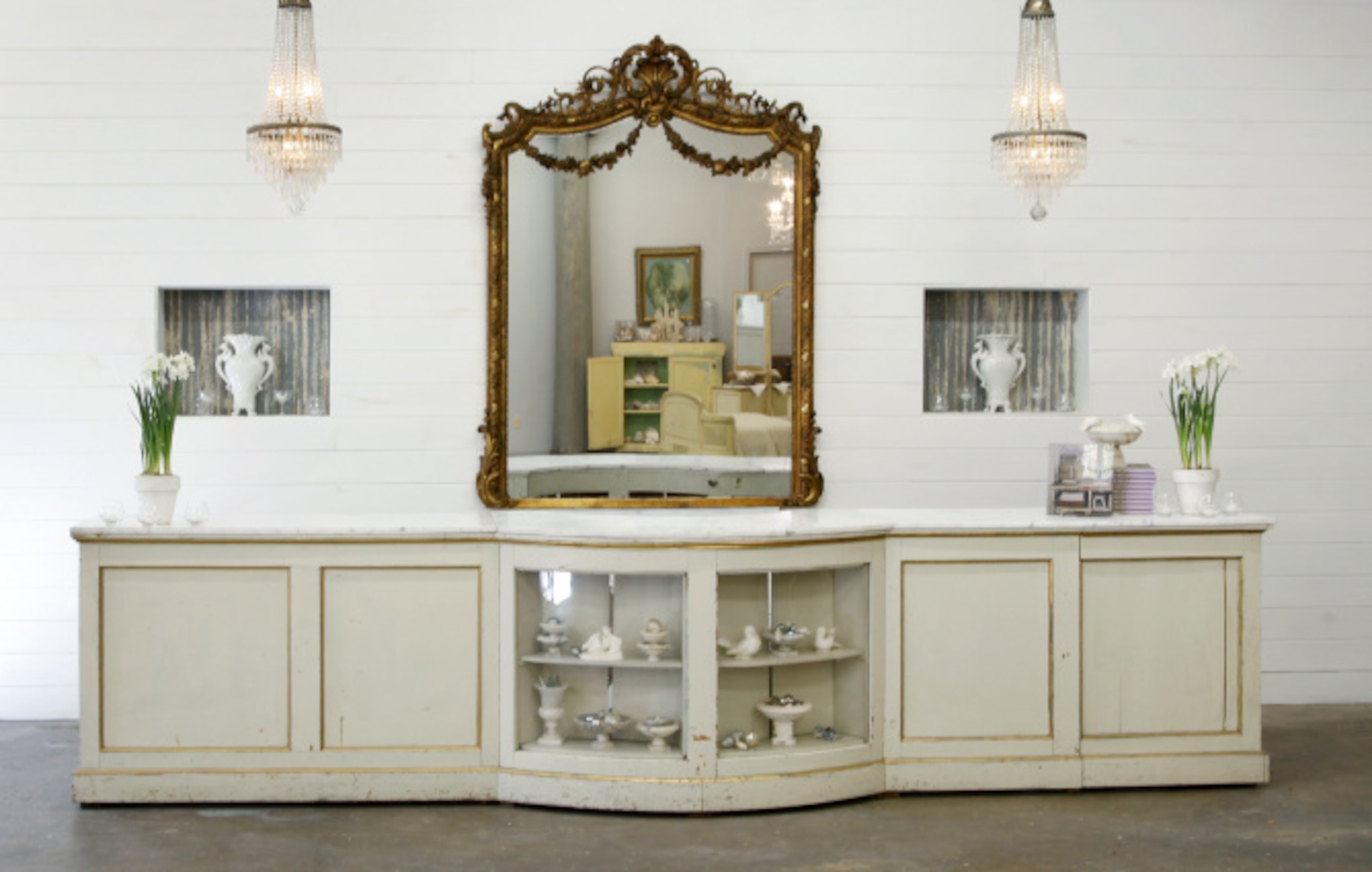 An old French bakery counter offers lots of space for display.