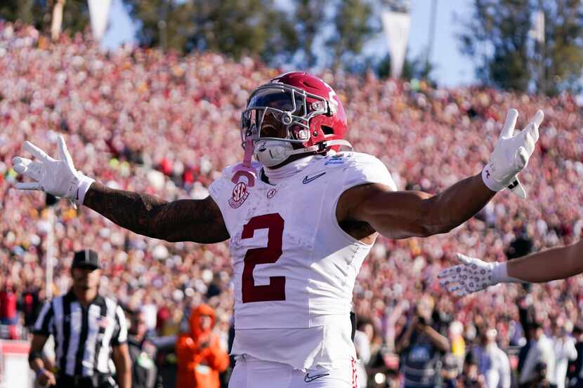 Alabama running back Jase McClellan (2) celebrates as he scores a rushing touchdown during...