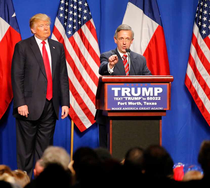 Robert Jeffress, pastor of First Baptist Church in Dallas, speaks at a Trump rally in Fort...