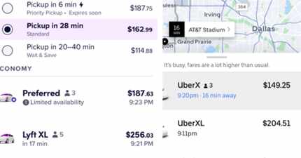 Los precios de Uber y Lyft después del juego de los Cowboys en AT&T Stadium el Día de Acción...