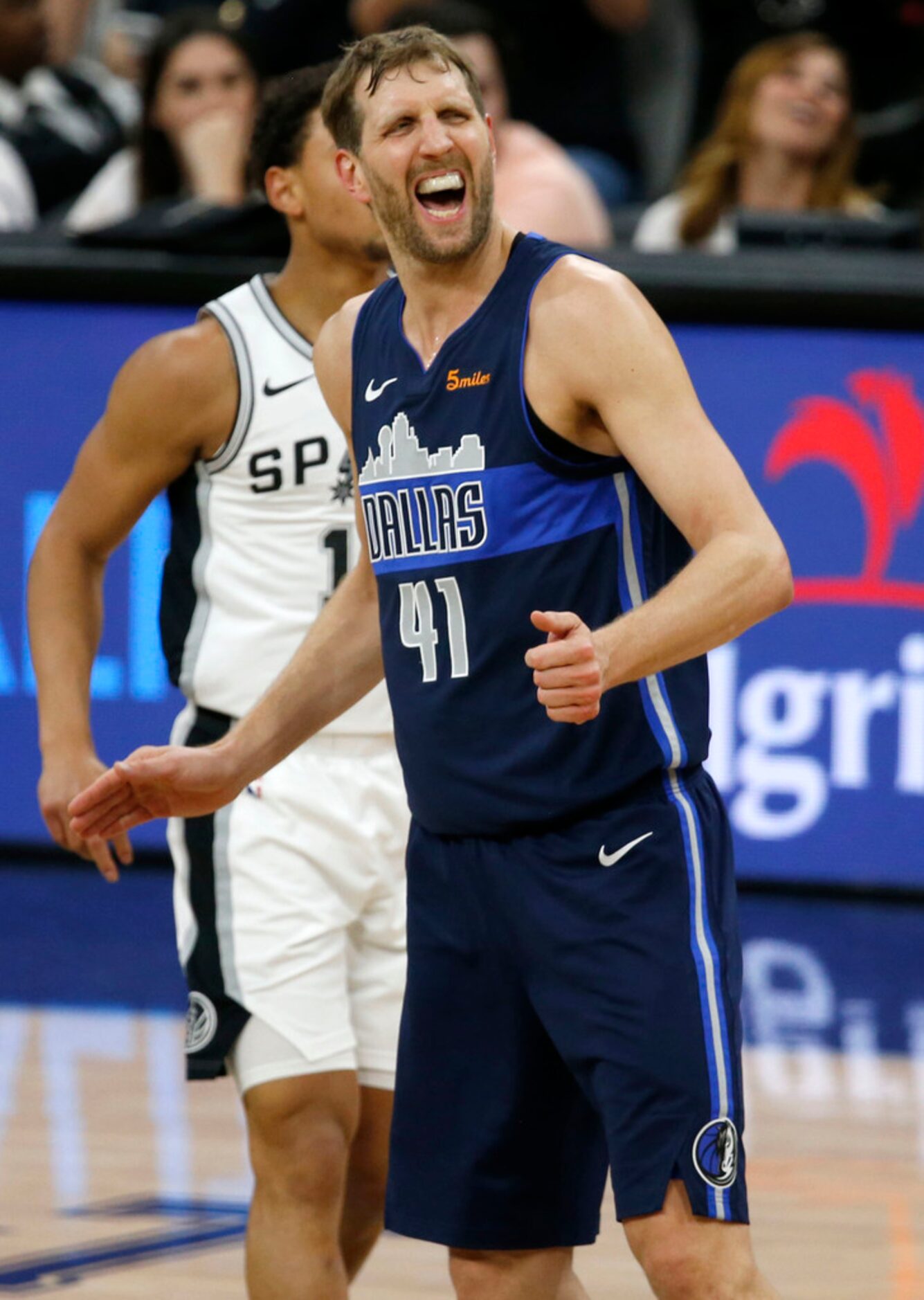 Dallas Mavericks forward Dirk Nowitzki (41) reacts during the first half of play against the...